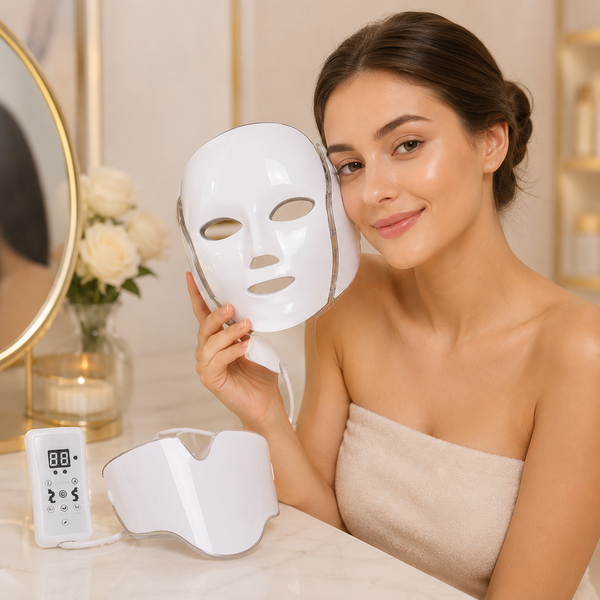 قناع الوجه والرقبة الجمالي بتقنية LED من GlowSkin بـ7 ألوان - عناية بالبشرة شبيهة بالمنتجعات الصحية في المنزل قناع جمالي بالمعالجة الضوئية